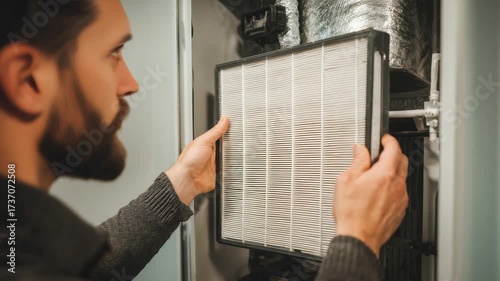 Closeup of a person installing a clean air filter in a residential furnace, highlighting essential HVAC upkeep. Regular filter replacement supports energy efficiency and healthy living spaces