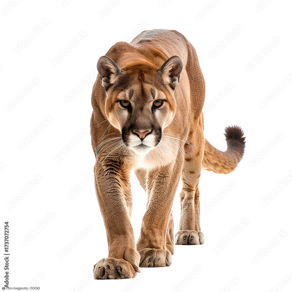 Naklejka premium A majestic mountain lion walking forward in front of a transparent background.