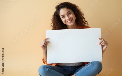 Pretty young woman sitting on the floor holding copyspace with two hands. High quality