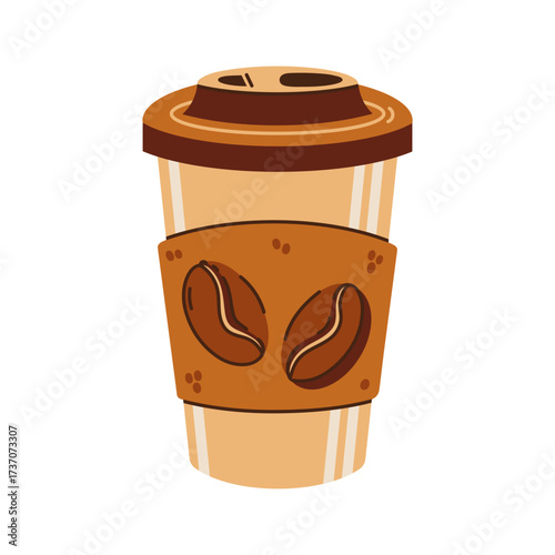 Paper cup of coffee, vector illustration. Hot fresh drink in an eco friendly container with coffee beans, a lid. Mug for espresso, matcha, cappuccino. Energy beverage to go, in disposable packaging