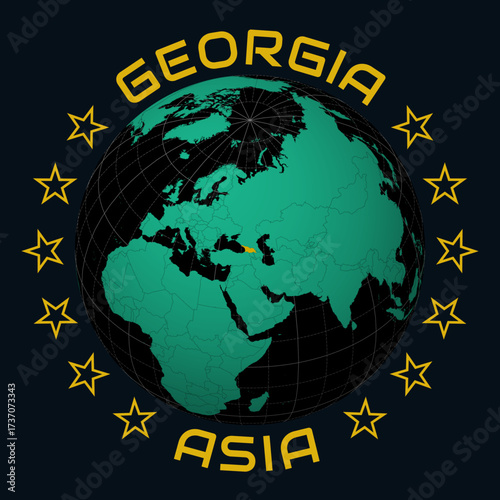 Georgia on Globe. Round country and continent name text. Country view on world map in Black Emerald color palette. Georgia shape on map. Classy vector illustration.