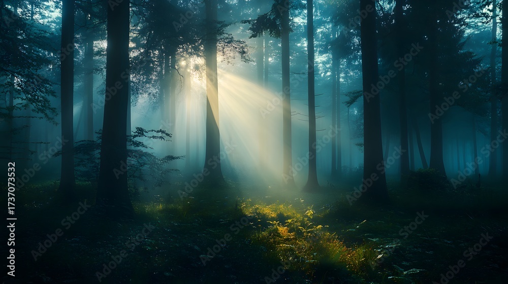 Obraz premium A beam of sunlight pierces through a dense, misty forest, illuminating the ground with a golden glow.
