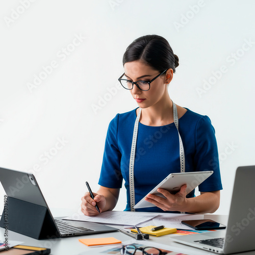 Focused fashion designer sketching plans and researching with digital tools