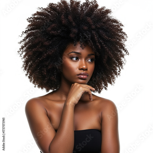 Contemplative beauty: African American woman with radiant skin and voluminous afro