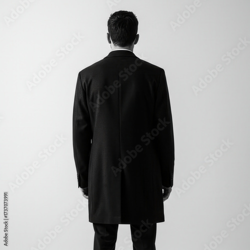Elegant man in a formal long coat standing with his back to the camera