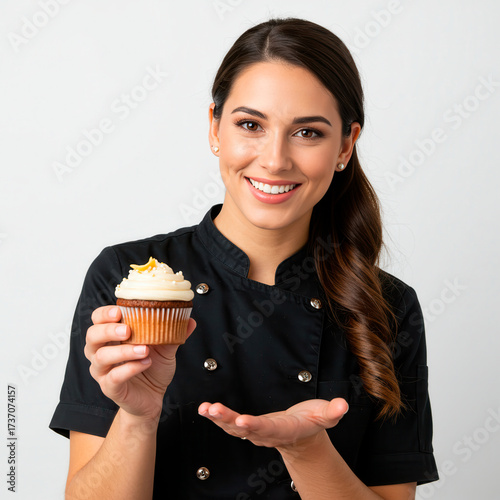 Smiling pastry chef proudly presents a beautifully decorated cupcake
