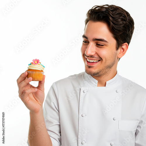 Smiling young chef proudly presents a beautifully decorated cupcake