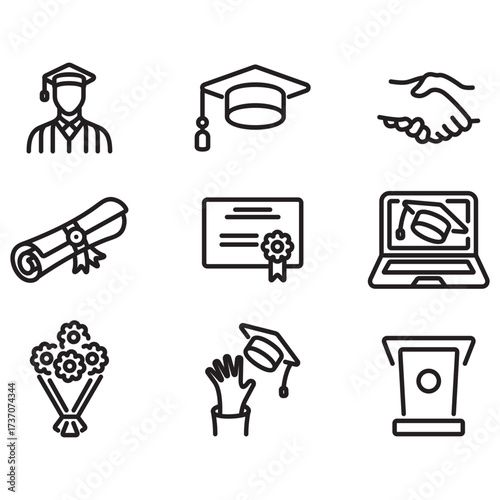 Graduation icon set. Thin line style vectors. Contains icons such as togas, diplomas, podiums, and more.