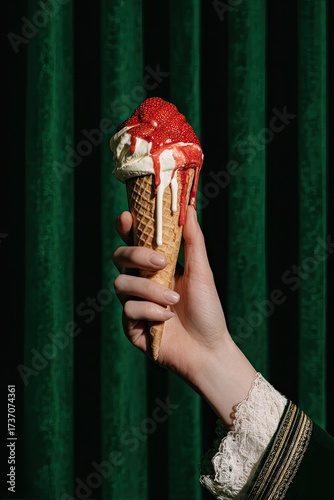 Hand holding melting ice cream cone against green curtain. Strawberry sauce drips down