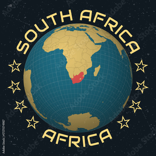 South Africa on Globe. Country name round text. Vintage look with grunge scratched texture. Country view on world map in Sky Blue Light Yellow color palette. South Africa shape on map.