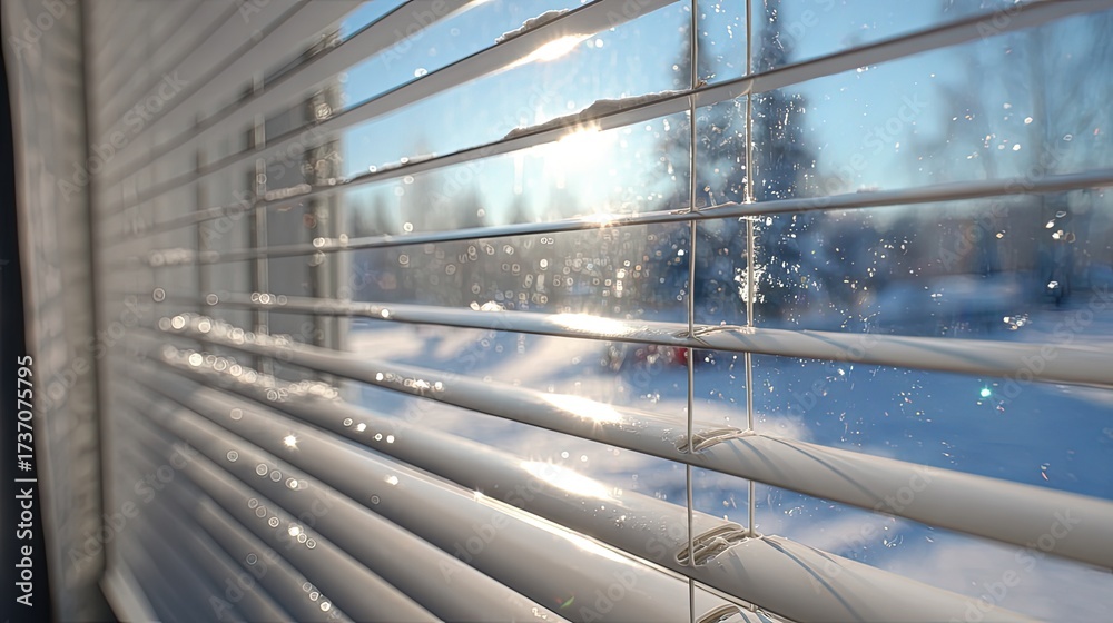 Fototapeta premium Winter Scene Through White Venetian Blinds