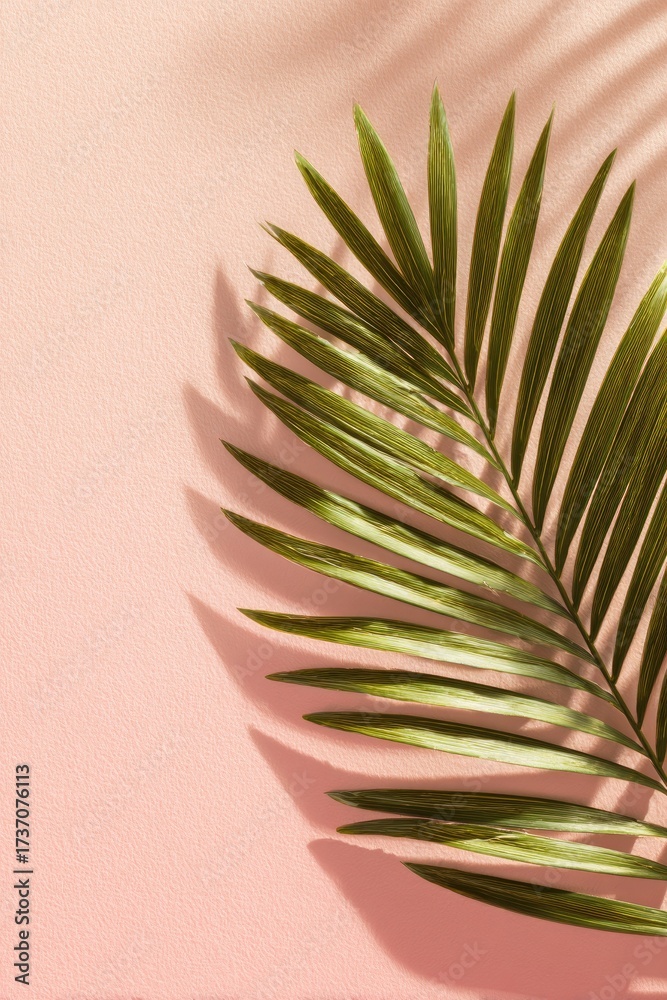 Fototapeta premium Close-up of a vibrant green palm leaf casting a shadow on a soft pink surface