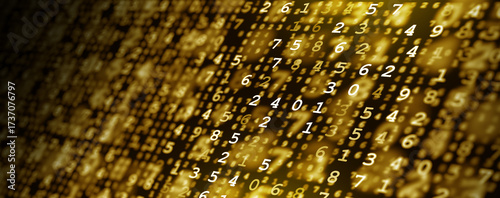 Abstract golden digital number background with glowing matrix effect, symbolizing data, AI, blockchain, and fintech innovation. Perfect for finance, cybersecurity, futuristic technology projects.
