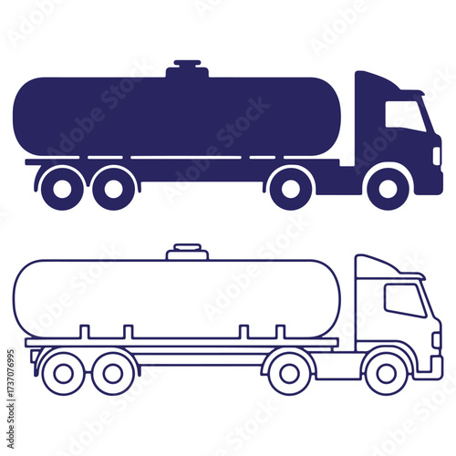 Tanker truck vector illustrations in two styles solid and outlined with white background