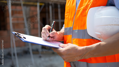 Supervisor Writing on Clipboard While Holding White Hard Hat