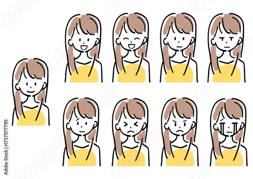 女性のイラスト　表情バリエーションセット