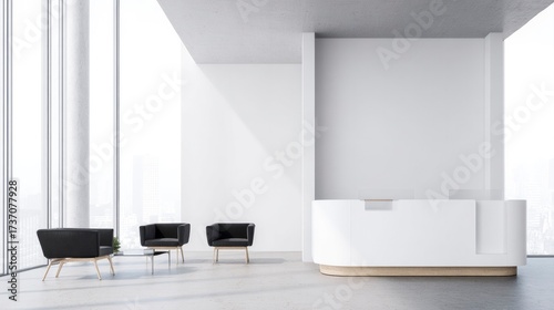 Minimalist office reception with clean white walls and modern furniture, bathed in soft natural light.
