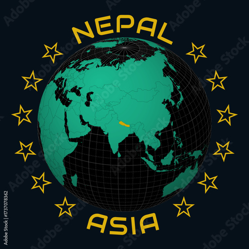 Nepal on Globe. Round country and continent name text. Country view on world map in Black Emerald color palette. Nepal shape on map. Charming vector illustration.