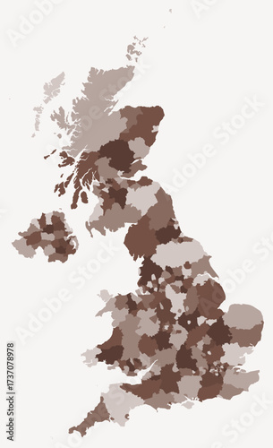 Map of United Kingdom with regions. Just a simple country border map with region division. Brown color palette. Blank United Kingdom shape with administrative division. Vector illustration.