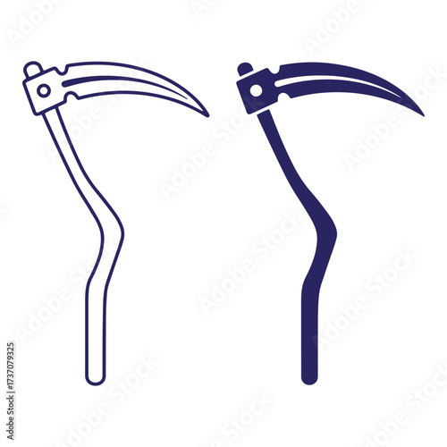 Two minimalist scythe illustrations in outline and filled styles on a clean white background