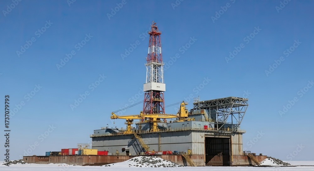 Fototapeta premium An oil rig in the Arctic, with a clear blue sky in the background.