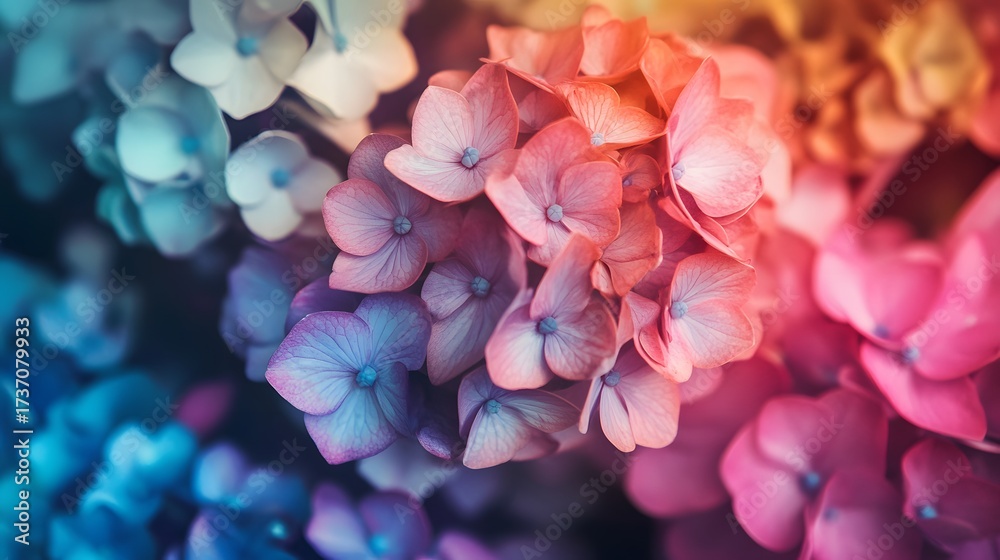 Obraz premium A close-up view of a vibrant hydrangea flower cluster, showcasing a spectrum of colors from blue to pink.