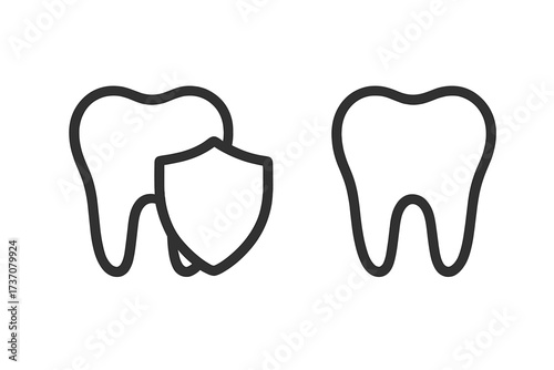 Tooth protection icon with shield. Dental care symbol. Healthy tooth and secure tooth. Dentistry, stomatology concept for oral hygiene. Medical insurance vector line art illustration.