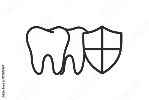 Tooth protection icon with shield. Dental care and security concept. Vector line art illustration for health, insurance, hygiene, and stomatology. Clean and simple pictogram.