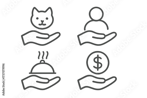 Service and offering line icon set. Hand holds cat, person, food, and money symbol. Concepts for business, customer care, charity, donation, pet shelter, food delivery.