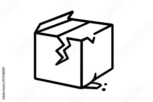 Damaged box icon. Broken package vector illustration. Fragile cargo concept. Cracked and leaking carton. Poor shipping, delivery problem. Logistics and insurance claim symbol.