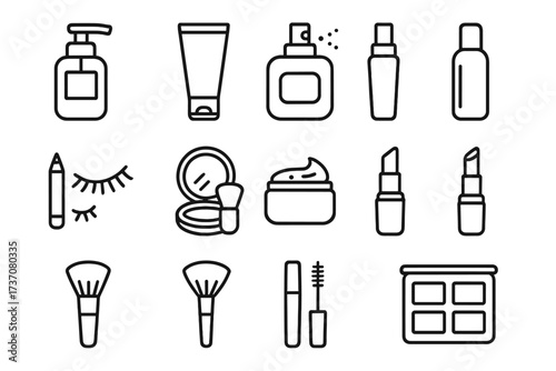 Cosmetics and makeup line icon set. Skincare and beauty products outline symbols. Vector graphic collection of lipstick, mascara, cream, powder, brush, perfume, and eyeliner.