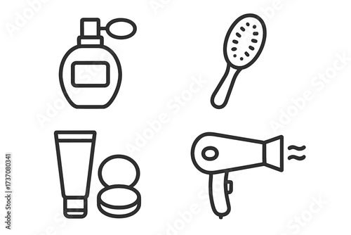 Beauty and cosmetics line icon set. Includes perfume, hairbrush, cream, powder, and hairdryer symbols. Perfect for spa, salon, makeup, and personal care concepts.