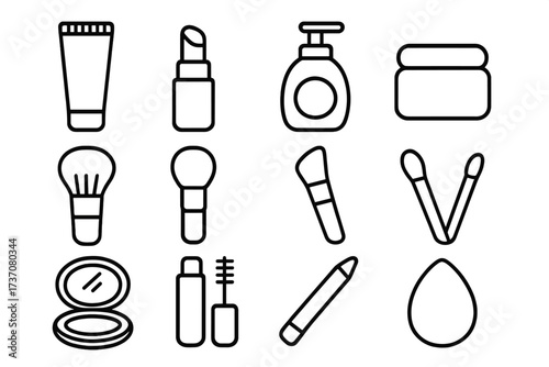 Beauty and cosmetics line icon set. Vector collection of outline symbols for makeup, skincare, and beauty products. Lipstick, mascara, brush, powder, cream, and sponge icons.