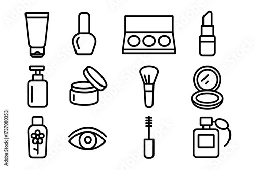 Beauty and cosmetics line icon bundle. Makeup outline symbol collection. Vector graphic signs for skincare, beauty salon, web, app. Lipstick, cream, brush, mascara pictograms.