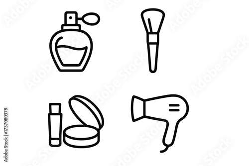 Beauty and cosmetics outline icon set. Simple linear vector icons of perfume, makeup brush, lipstick, powder, and hairdryer for web design, apps, and graphic concepts.