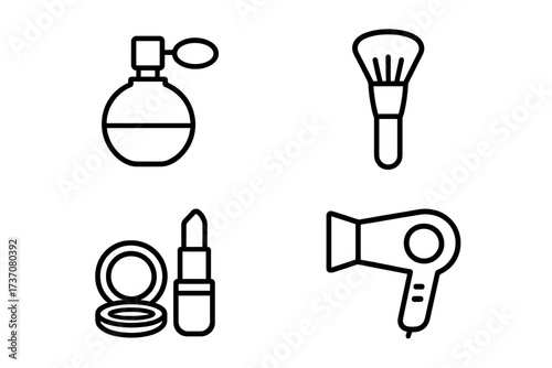 Beauty and cosmetics outline icon set. Vector line art collection with perfume, makeup brush, lipstick, powder, and hairdryer symbols. For web, app design, UI, and UX concepts.