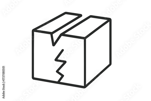 Broken box icon, damaged package line art. Fragile delivery concept. Shipping error, return parcel sign. Defective product. Minimalistic vector for web, apps and design.