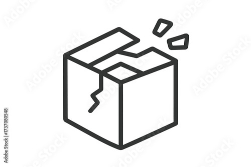 Broken box thin line icon. Damaged package or parcel symbol. Fragile cargo, shipping problem, and delivery issue concept. Return or claim vector pictogram for web and apps.