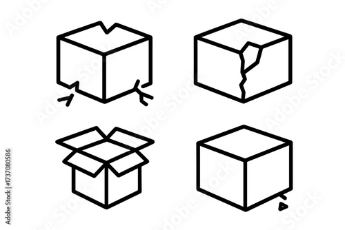 Broken box icon set. Damaged package, open carton, cracked cube vector illustration. Fragile shipping concept symbol. Thin line art for web, app, delivery service design.