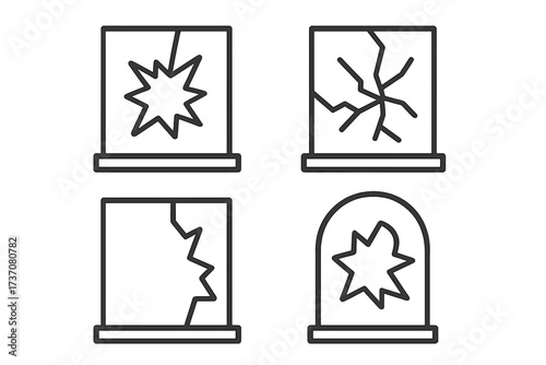 Broken window linear icon set. Shattered glass signs. Modern outline style symbols for damage, accident, or vandalism concepts. Vector cartoon illustration for design.