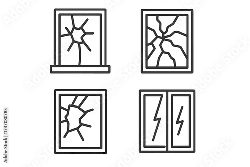 Broken window icon set. Cracked glass vector line pictograms. Shattered windowpane symbols for damage, vandalism, or accident concepts. Modern outline illustration collection.