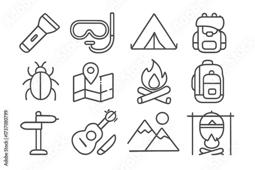 Camping and hiking line icon set. Outdoor adventure and travel symbols collection. Vector linear icons with editable stroke. Includes tent, backpack, campfire, map, mountains, guitar.