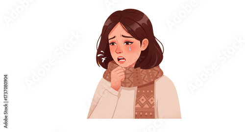 Vector illustration of a young woman coughing