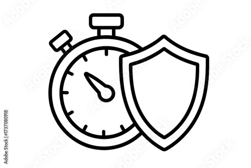 Time protection and security concept. Stopwatch with shield icon for warranty, guarantee, and safety. Fast defense, deadline management, and limited time protection symbol.