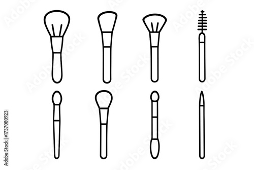 Makeup brush line icon set. Beauty cosmetic tools collection. Powder, eyeshadow, mascara, eyeliner brushes. Outline vector pictogram for web design, apps, graphic content, salon.