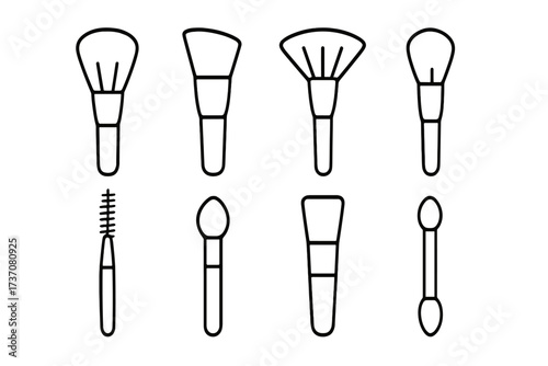 Makeup brush line icon set. Collection of beauty and cosmetic tools. Vector outline symbols for visagist, makeup artist. Powder, foundation, blush, eyeshadow, mascara brush.