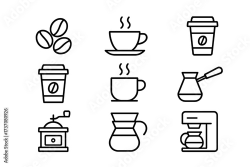 Coffee line icon set. Vector outline signs for cafe menu, web design, apps. Includes coffee bean, cup, grinder, cezve, pour-over, drip machine, and to-go cup icons.