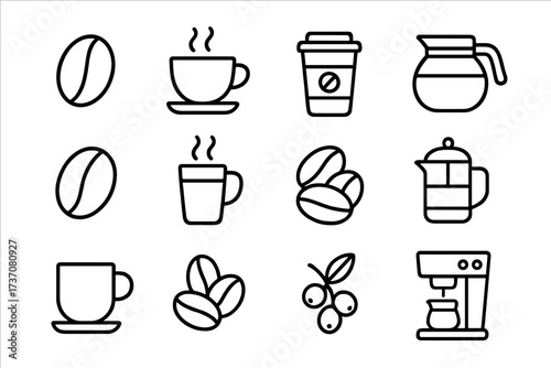 Coffee line icon set. Simple outline symbols for web and graphic design. Includes coffee bean, cup, espresso machine, french press, pot. Vector collection for cafe menu.