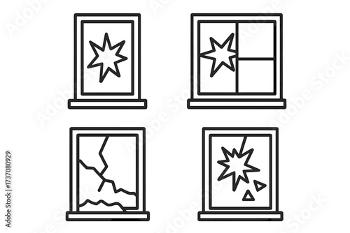 Broken window line icon set. Cracked glass, damage, vandalism concept. Outline symbols for emergency, repair, insurance service. Smashed home window vector illustration.