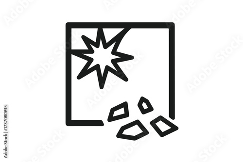 Broken glass linear icon. Shattered window symbol. Vandalism or accident concept. Cracked surface from impact. Destruction sign. Minimalist pictogram for web, app, UI design.